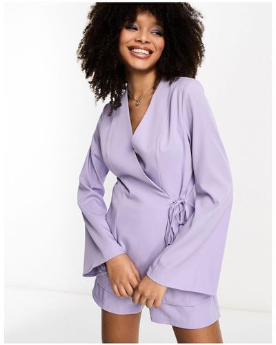 In The Style Belted Kimono Tie Front Blazer Co-ord - Purple
