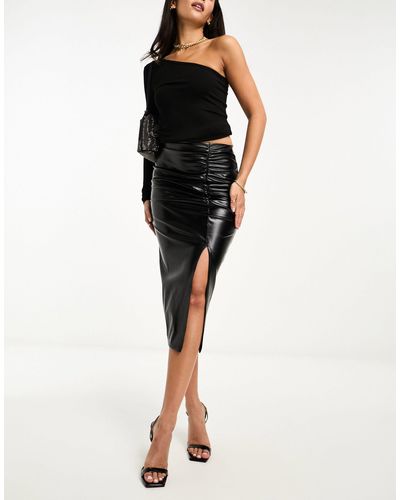 In The Style Leather Look Side Split Midi Skirt - Black