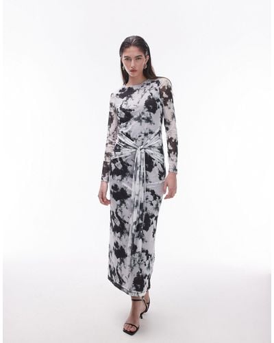 TOPSHOP Robe mi-longue en tulle avec détail noué et imprimé abstrait - noir et blanc - Multicolore
