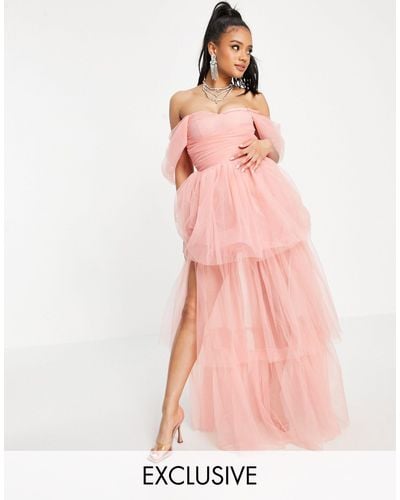 LACE & BEADS Exclusive Off Shoulder Tulle Maxi Dress - Pink