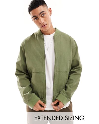 ASOS Washed Harrington Jacket With Cord Collar - Green