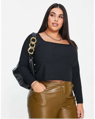 Yours Ribbed Square Neck Crop Top - Black