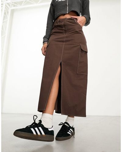 Vila Contrast Stitch Cargo Maxi Skirt - Brown