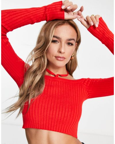 Monki Off The Shoulder Cropped Halter Knitted Top - Red