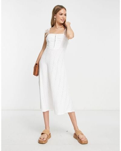 ASOS Broderie Strappy Midi Tea Dress With Hook And Eye Detail - White