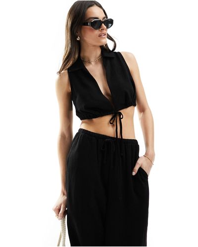 4th & Reckless Cropped Tie Front Linen Beach Top Co-ord - Black