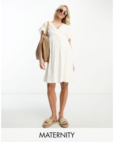 Mama.licious Mamalicious Maternity Brodiere Mini Dress With Frill Sleeve - White