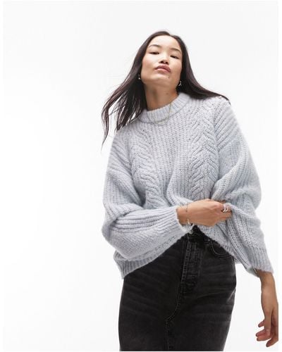 TOPSHOP Knitted Fluffy Cable Stitch Long Line Jumper - Grey