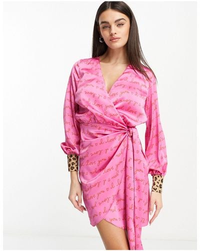 Never Fully Dressed Love Print Wrap Mini Dress - Pink