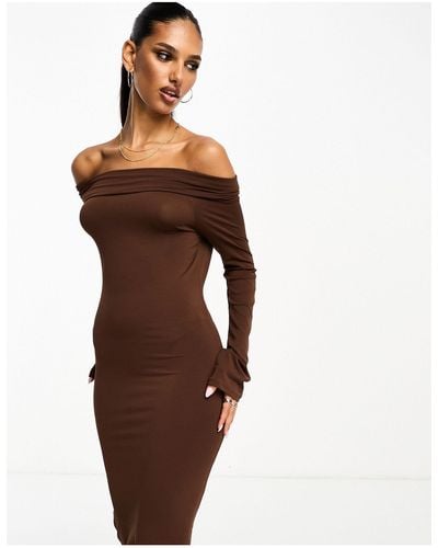 Mango Fold Over Long Sleeve Bodycon Midi Dress - Brown