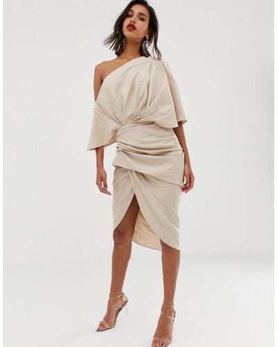 ASOS Drape Asymmetric Linen Midi Dress - Natural