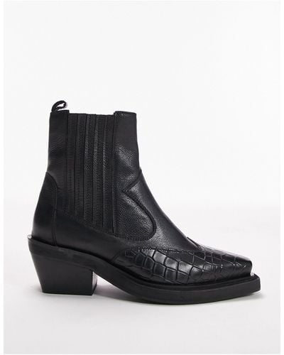 TOPSHOP Wide Fit Miffy Leather Western Ankle Boot - Black