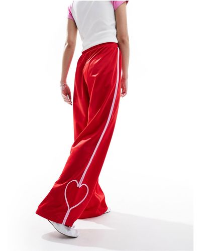 Monki Heart Stripe Straight Leg Track Pant Trouser - Red