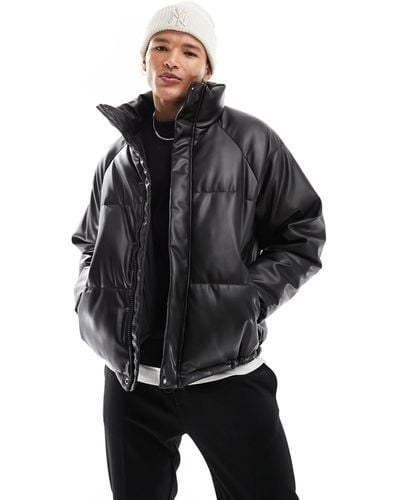 Pull&Bear Faux Leather Puffer Jacket - Black