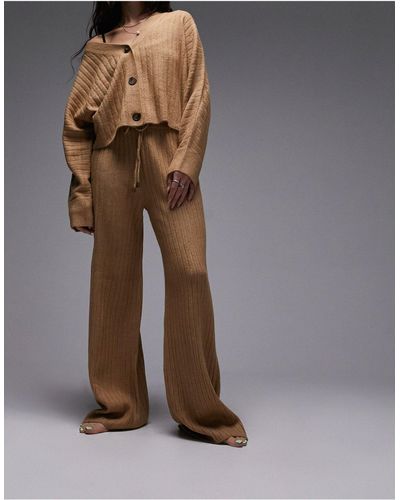 TOPSHOP Knitted Loungewear Rib Cardigan And Wide Leg Trouser Set - Brown