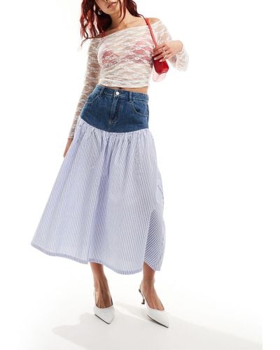 Urban Revivo Stripe Spliced Denim Midaxi Skirt - Blue