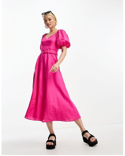 & Other Stories Linen Puff Sleeve Midi Dress - Pink