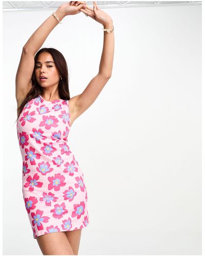 Pieces Esclusiva - vestito corto con spalline sottili rosa con stampa a fiori