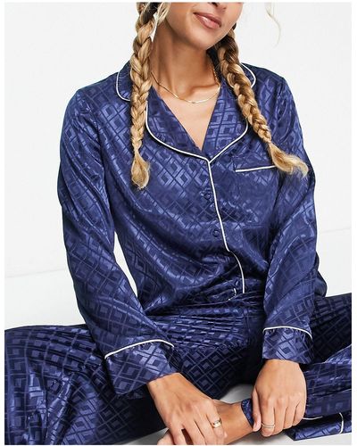 River Island Jaquard Satin Pyjama Shirt - Blue