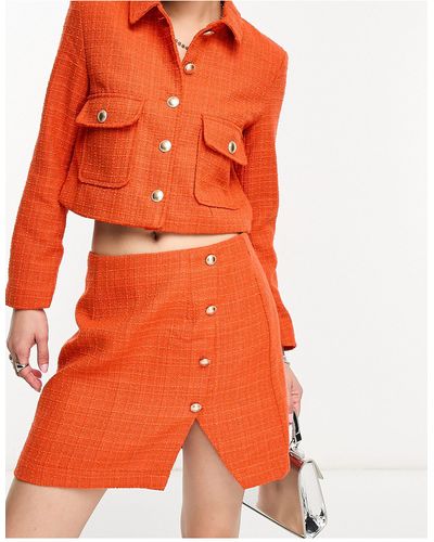 ONLY Tweed Button Detail Skirt With Side Split - Orange