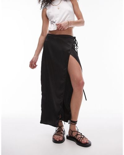 TOPSHOP Satin Wrap Midi Skirt - Black