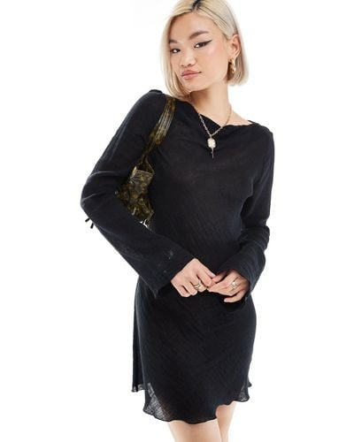 Weekday Ginko Linen Blend Long Sleeve Mini Dress - Black