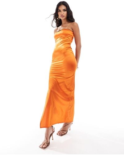 ASOS Stretch Satin Bodycon Midi Dress With Picot Trim - Orange