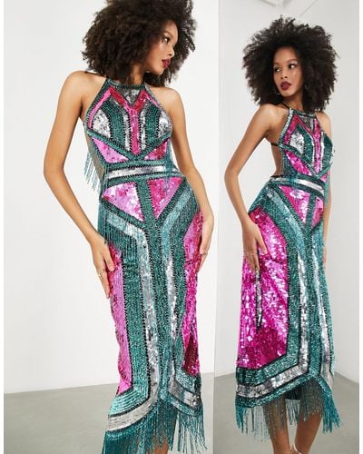 ASOS Graphic Sequin Placement Fringe Midi Dress - Multicolour