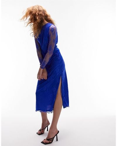 TOPSHOP Long Sleeve Lace Midi Dress - Blue