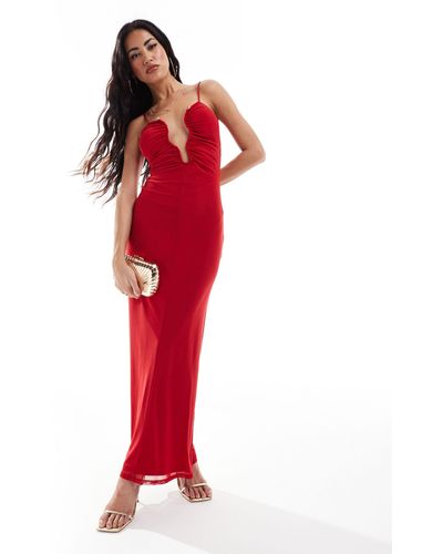 ASOS Mesh Cami Midi Dress With Curvy Neckline - Red