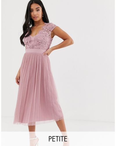 Little Mistress Capped Sleeve Lace Midi Dress With Tulle Skirt - Pink