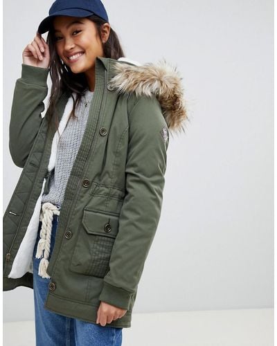 Hollister Teddy Lined Parka Jacket With Faux Fur Hood - Green