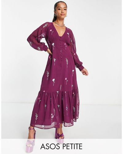 ASOS Asos Design Petite - Geborduurde Nette Maxi-jurk Met Knopen - Paars