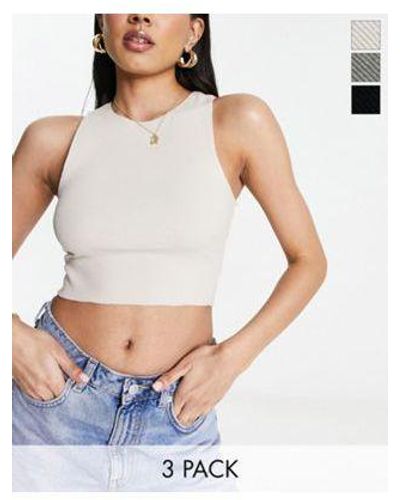 Pull&Bear 3 Pack Ribbed Racer Neck Cropped Top - White