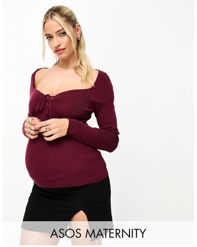 ASOS Asos Design Maternity Knitted Top With Sweetheart Neck And Lace Up Front Detail - Red