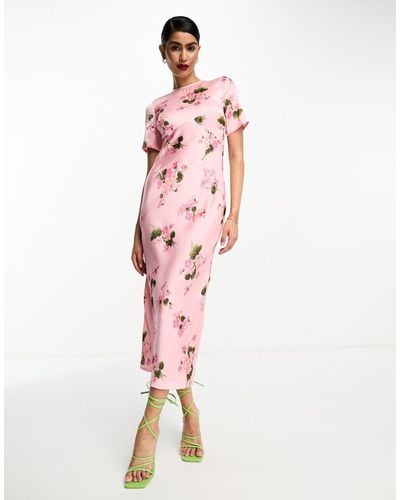ASOS Satin Midi Tea Dress With Lace Up Back Detail - Pink