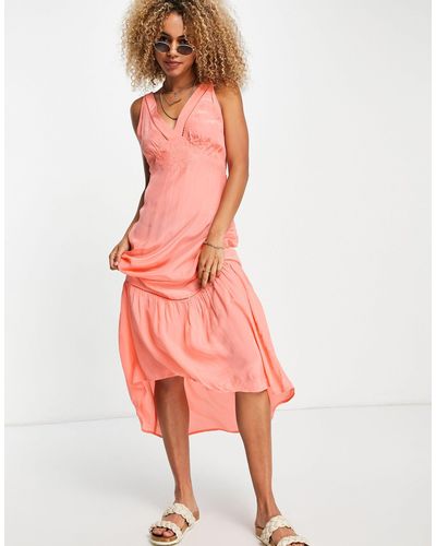 TOPSHOP Embroidered Satin Slip Midi Occasion Dress - Pink