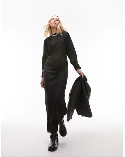 TOPSHOP Ruched Front Long Sleeve Printed Midi Dress - Black