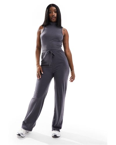 In The Style Ribbed High Neck Drawstring Detail Wide Leg Jumpsuit - Blue