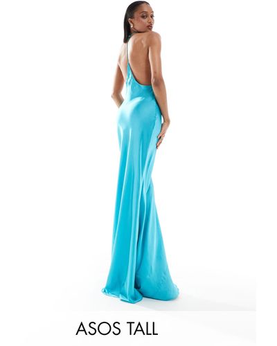 ASOS Asos Design Tall Satin Halter Maxi Dress With Shaped Back Detail - Blue