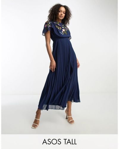 ASOS Asos Design Tall Pleated Dobby Cowl Front Embroidered Midi Dress - Blue