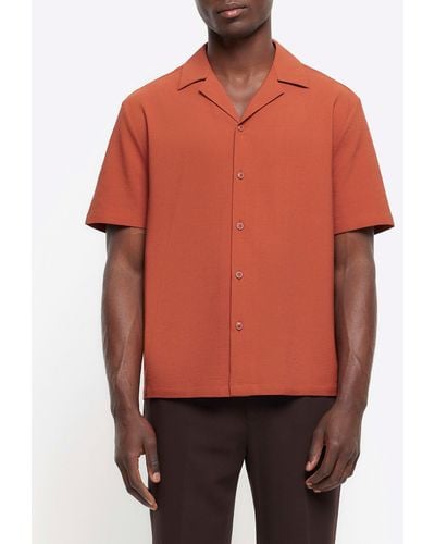 River Island Regular Fit Seersucker Revere Shirt - Orange