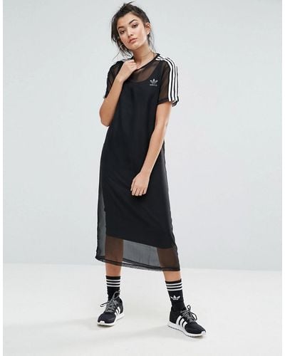 adidas Originals Originals Black Midi Dress With Sheer Mesh Overlay