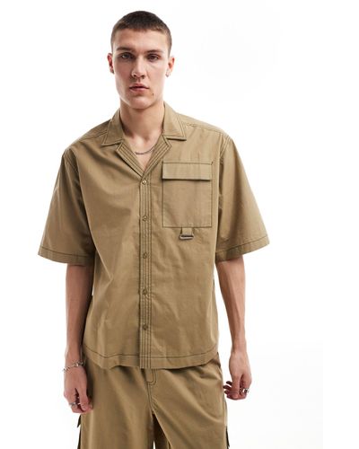 Collusion Ripstop Boxy Revere Shirt With Contrast Stitch Co-ord - Green