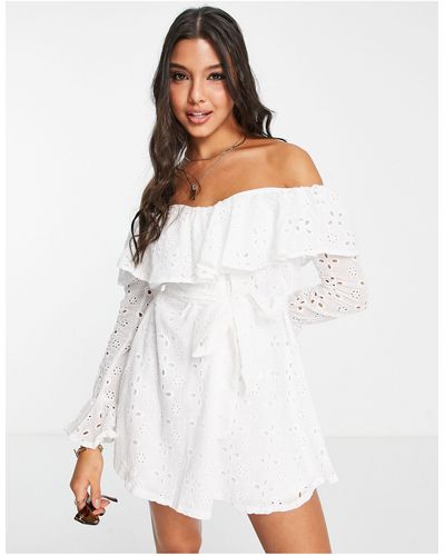 In The Style X Billie Faiers Lace Embroidered Off Shoulder Mini Skater Dress - White