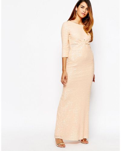 TFNC London All Over Sequin Long Sleeve Maxi Dress With Twist Front - Natural