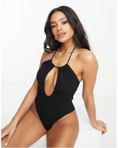 ASOS Crinkle Cut Out Halter Neck Swimsuit With Super High Leg - Black