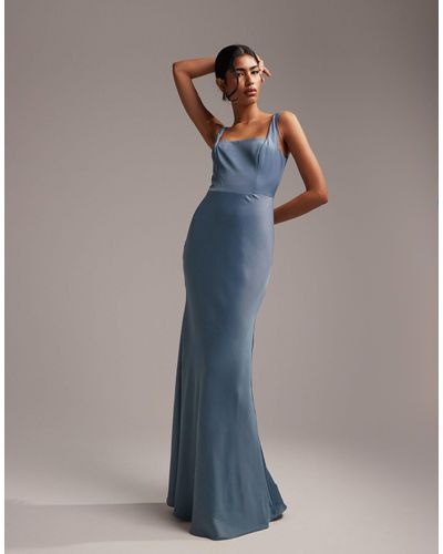 ASOS Bridesmaid Satin Square Neck Maxi Dress - Blue