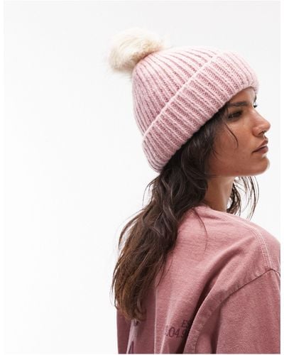 TOPSHOP Knitted Fur Pom Pom Beanie - Pink