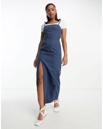 Monki Denim Midi Pinafore Dress - Blue